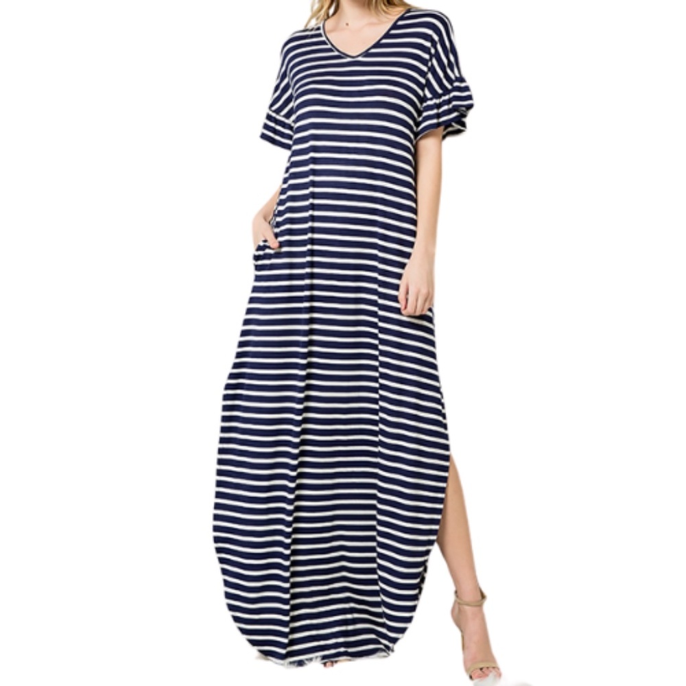Sweet Lovely by Jen, Women's Plus Size Navy Striped Ruffle Sleeve Maxi Dress